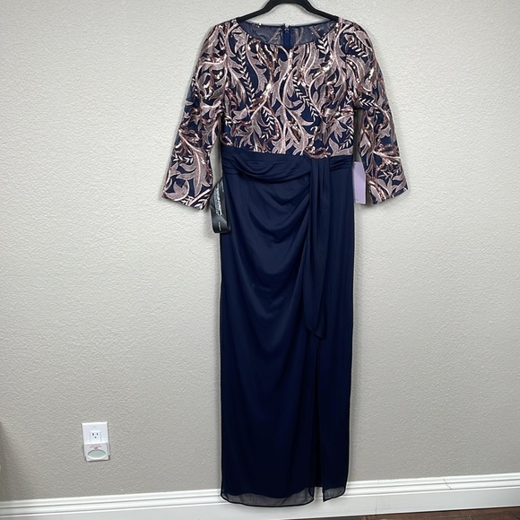 NWT JS Collections Carrie Bateau Gown Navy Blue Embroidered Sequin Sz 10 - Picture 3 of 12